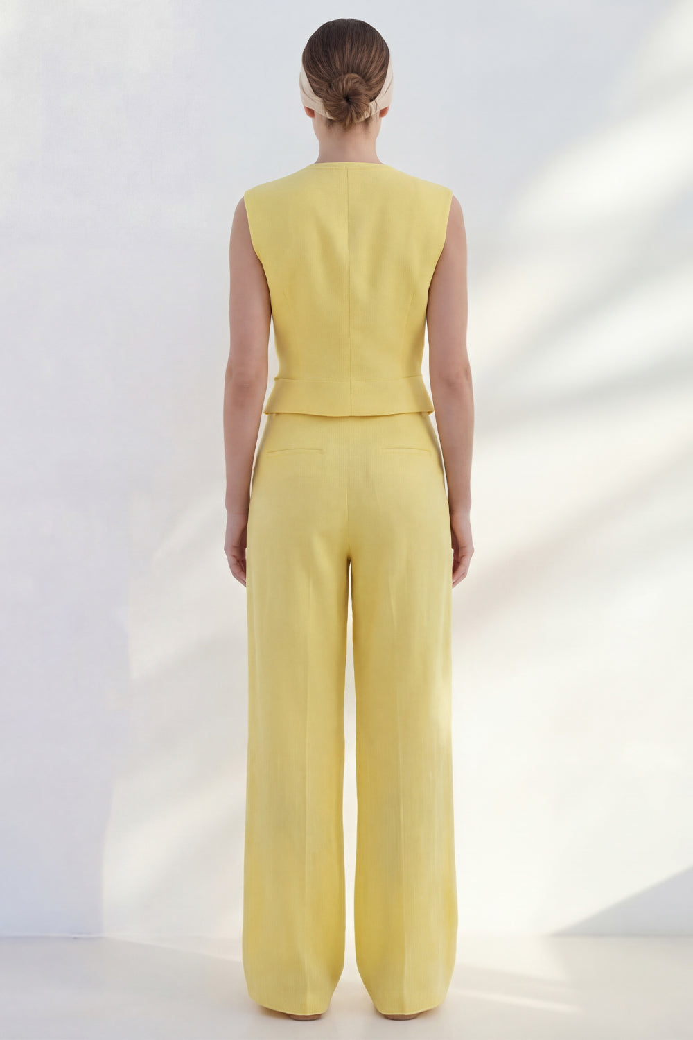 Yellow 2 Piece V Neck Sleeveless Women's Linen Suits