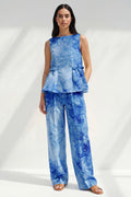 2 Piece Blue Bateau Neck Printed Women's Linen Suits