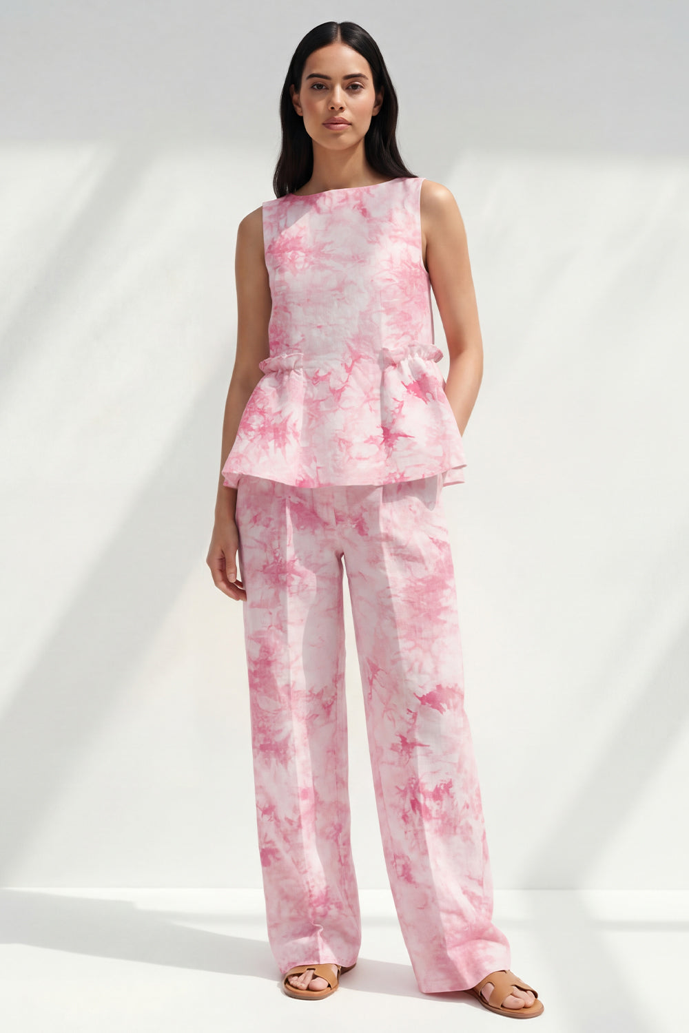 2 Piece Blue Bateau Neck Printed Women's Linen Suits