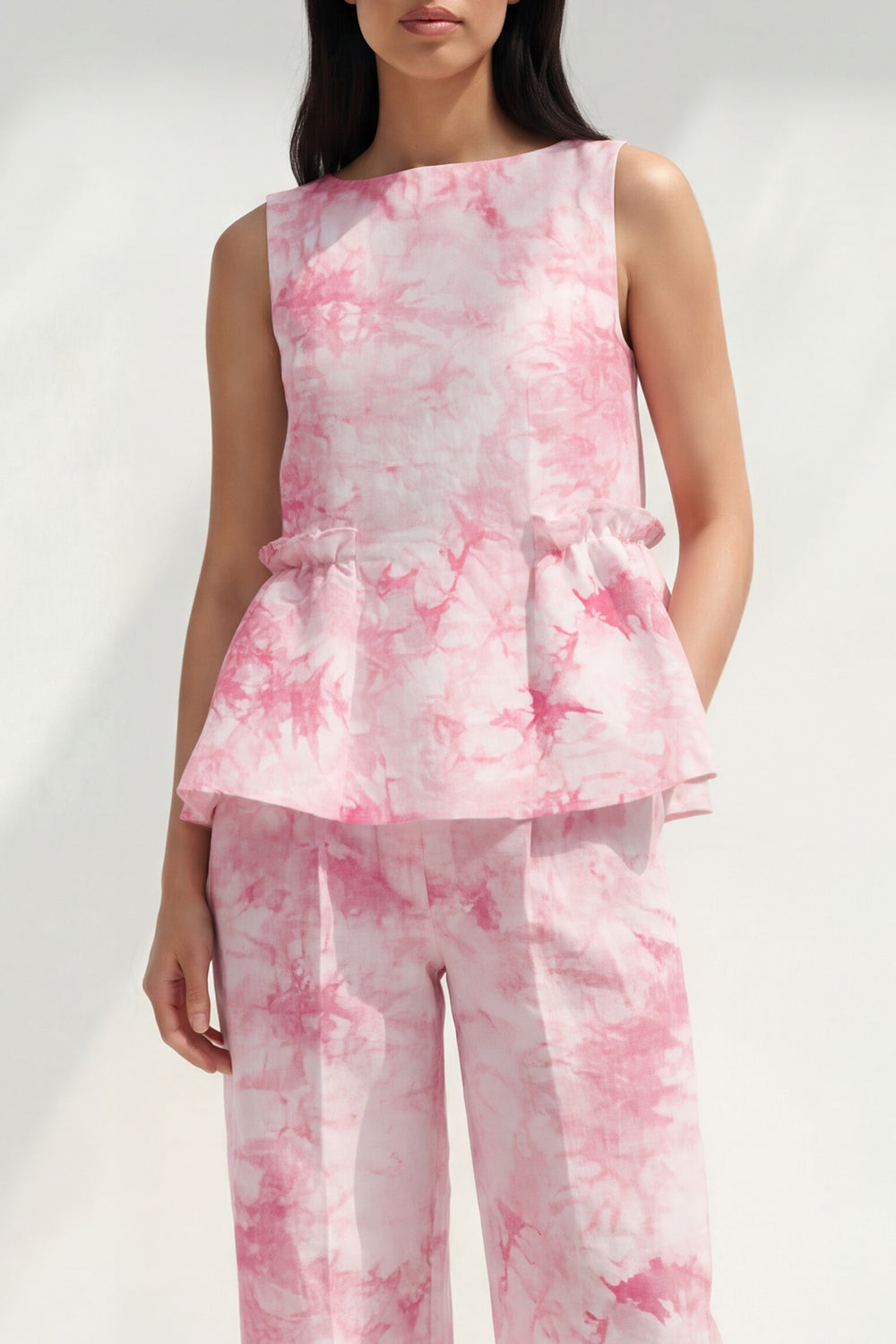 2 Piece Blue Bateau Neck Printed Women's Linen Suits