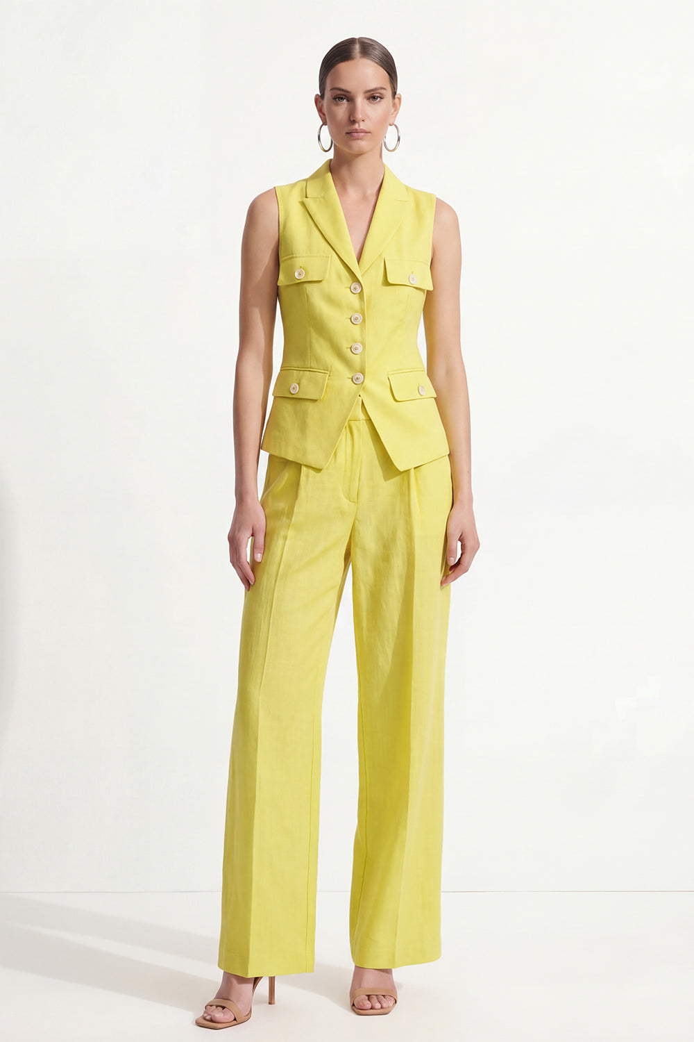 Peaked Lapel Yellow 2 Piece Sleeveless Women's Linen Suits
