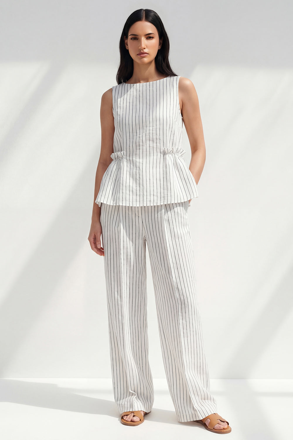 Stripe White 2 Piece Ruffled Women's Linen Suits
