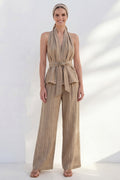 Khaki Halter 2 Piece Women's Linen Suits with Sash