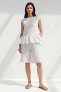 White Stripe 2 Piece Women's Linen Suits with Ruffles