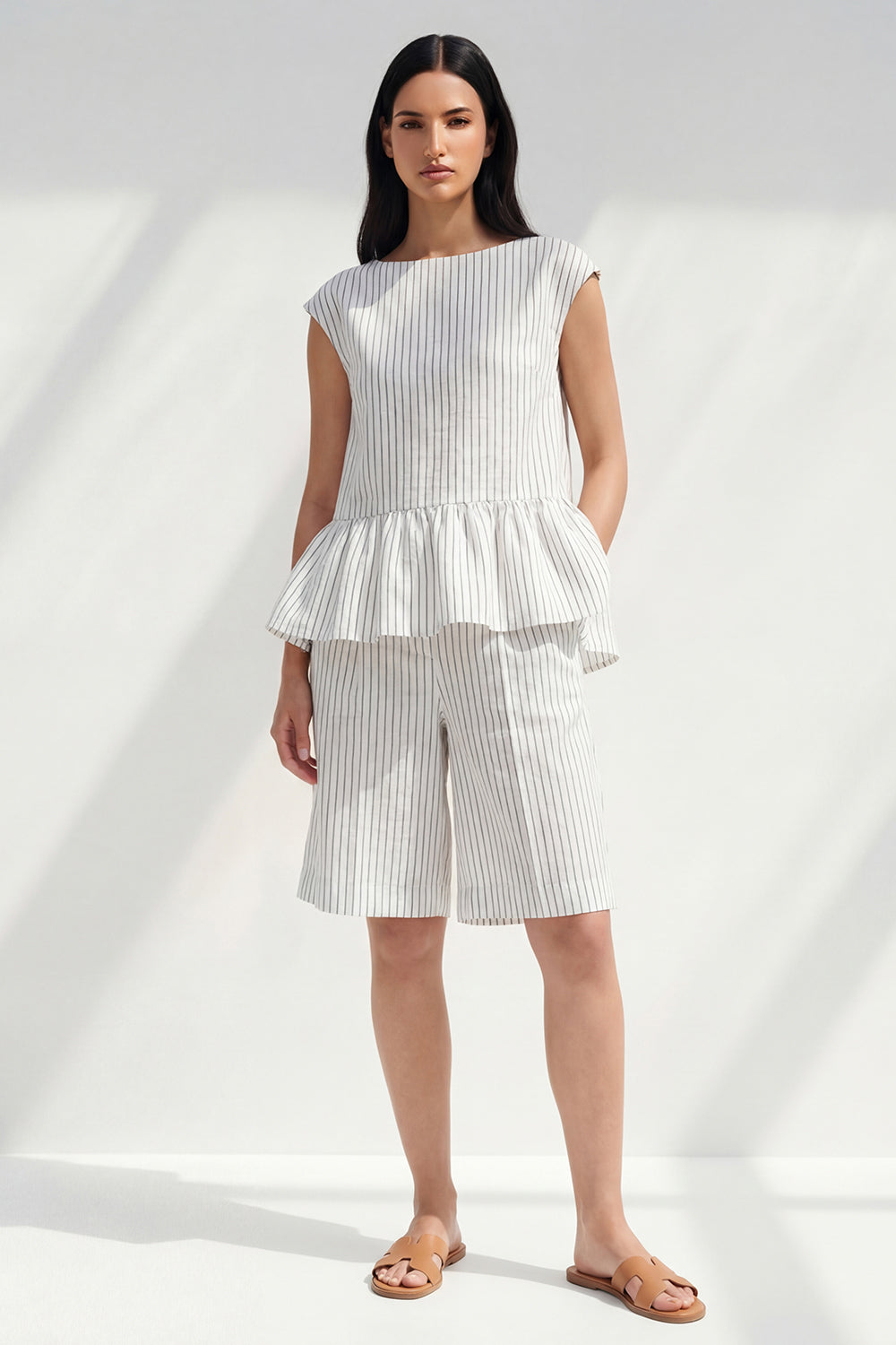 White Stripe 2 Piece Women's Linen Suits with Ruffles