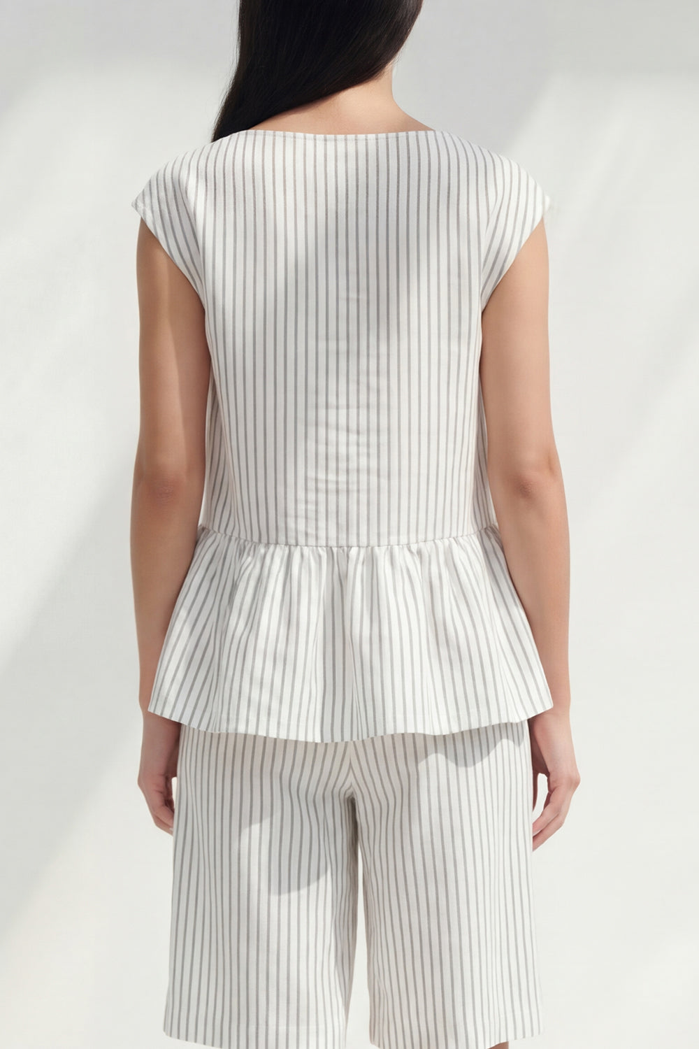 White Stripe 2 Piece Women's Linen Suits with Ruffles