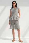 Plaid BLack White Grid 2 Piece Women's Linen Suits with Ruffles