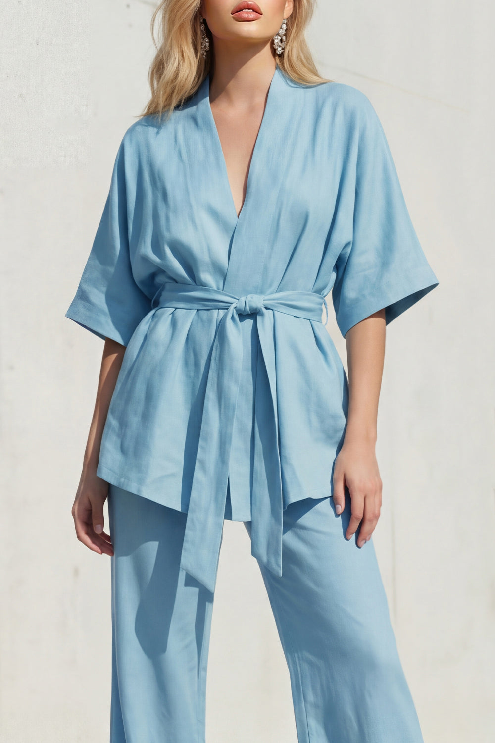 Yellow 2 Piece Half Sleeve Women's Linen Suits with Sash