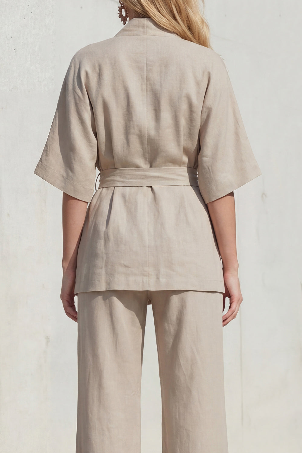 Yellow 2 Piece Half Sleeve Women's Linen Suits with Sash