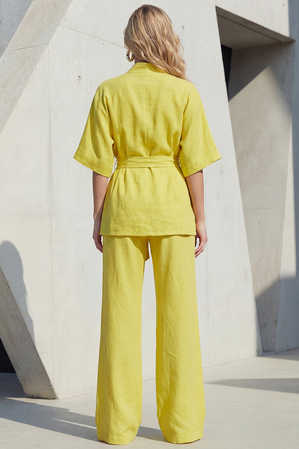 Yellow 2 Piece Half Sleeve Women's Linen Suits with Sash
