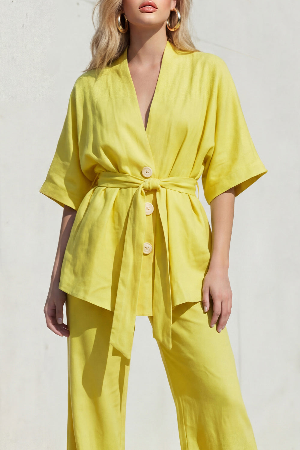 Yellow 2 Piece Half Sleeve Women's Linen Suits with Sash