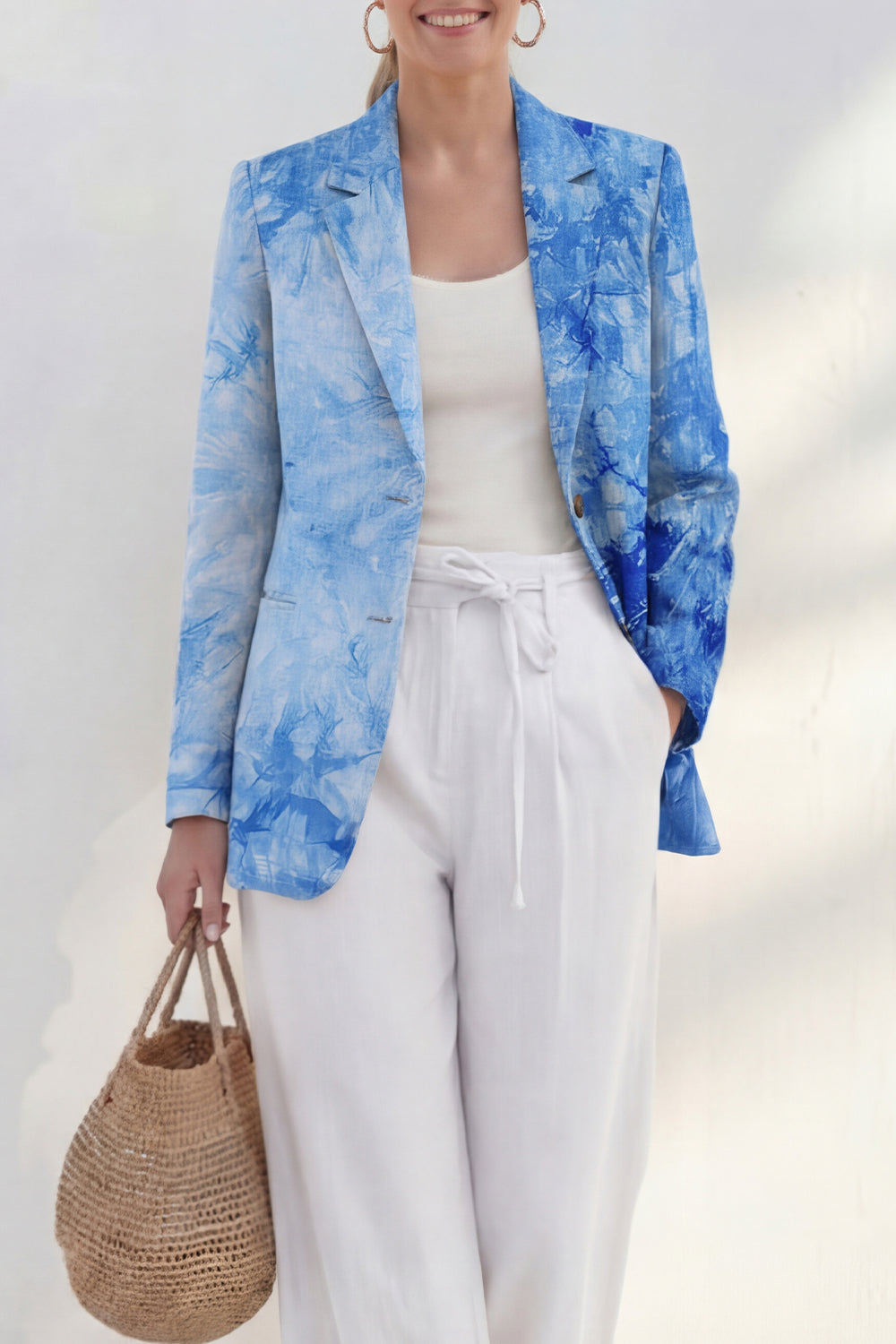 Blue 2 Piece Notched Lapel Printed Women's Linen Suits
