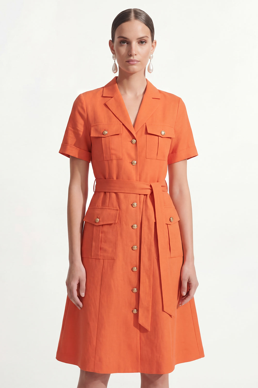 Notched Lapel A Line Orange Short Sleeve Midi Work Dress with Sash