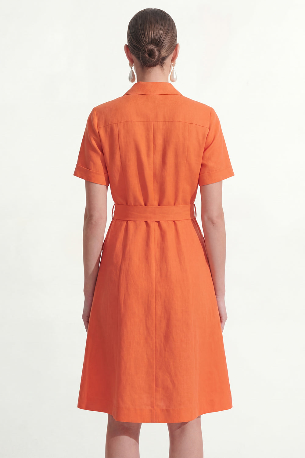 Notched Lapel A Line Orange Short Sleeve Midi Work Dress with Sash