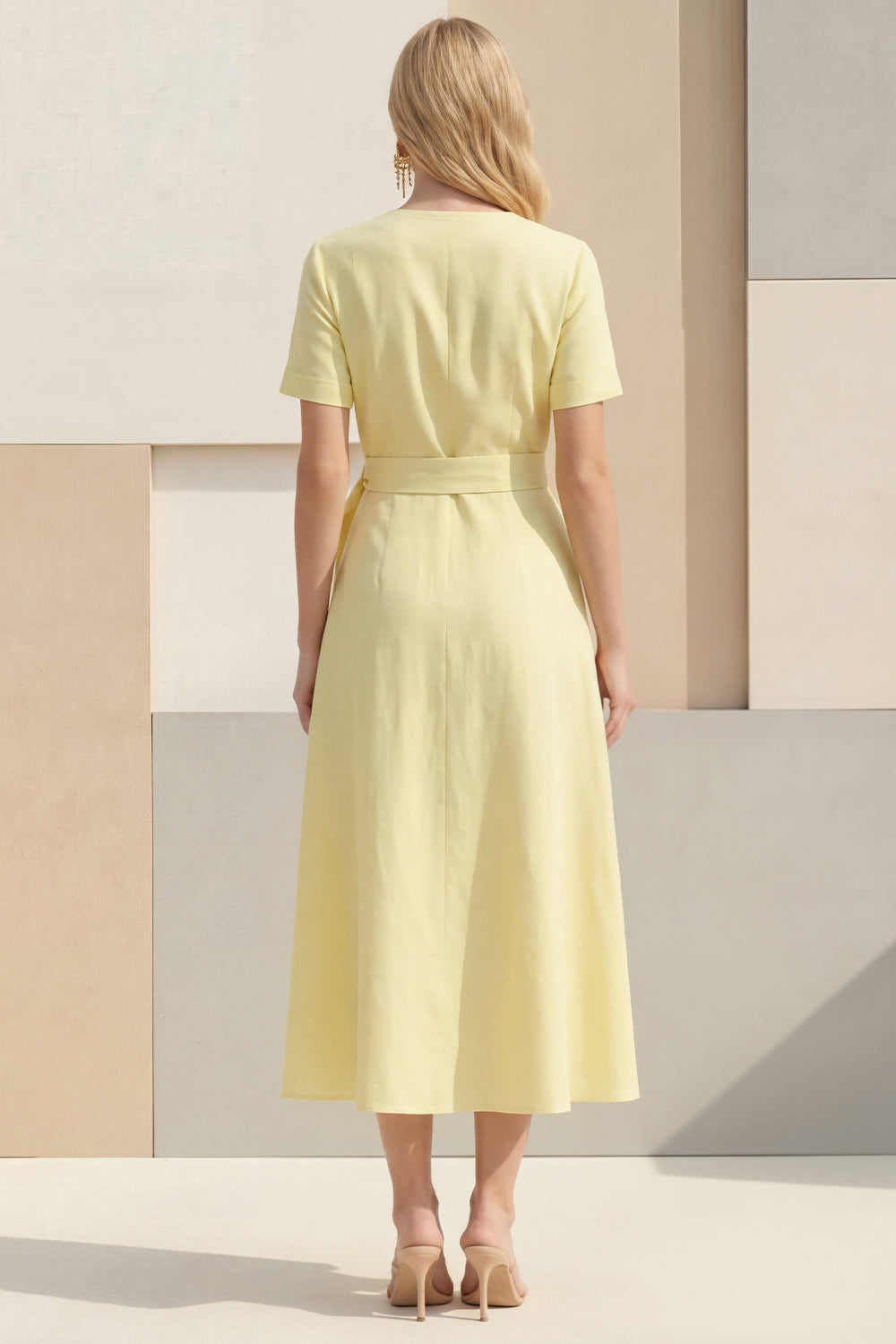 Short Sleeve Light Yellow A Line Midi Work Dress with Belt