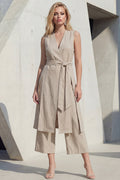 Khaki 2 Piece Sleeveless Women's Linen Suits with Sash