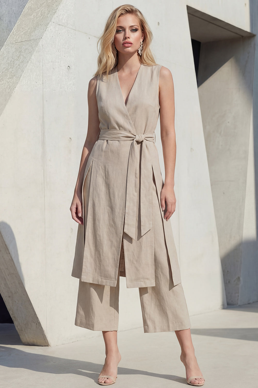 Khaki 2 Piece Sleeveless Women's Linen Suits with Sash