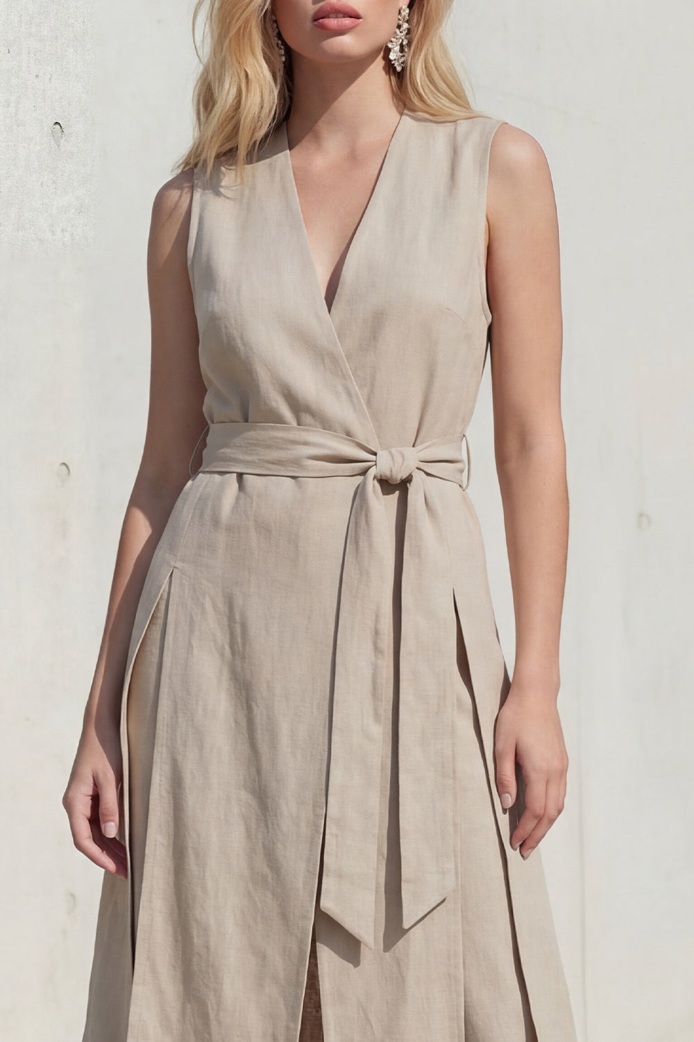 Khaki 2 Piece Sleeveless Women's Linen Suits with Sash