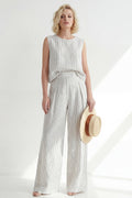 White 2 Piece Sleeveless Stripe Women's Linen Suits