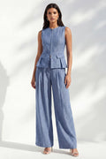 Dark Blue 2 Piece Stripe Sleeveless Women's Linen Suits