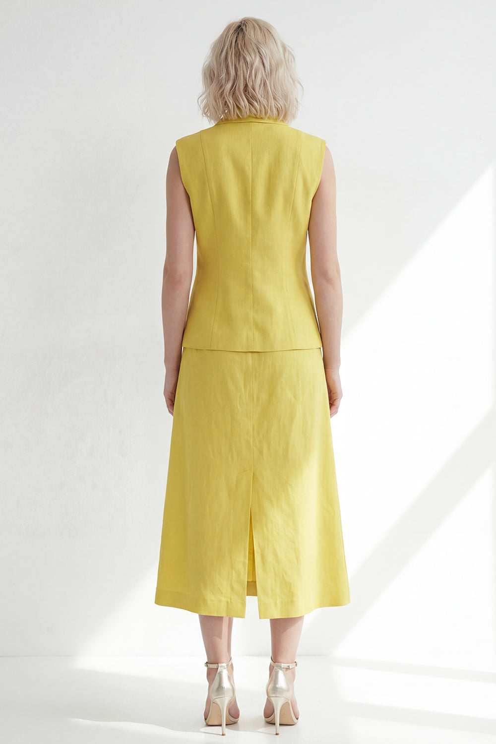 Yellow 2 Piece Notched Lapel Work Dress with Pockets