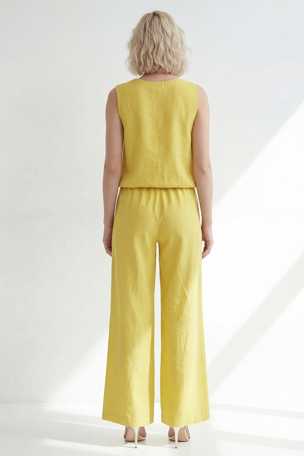 Yellow Sleeveless 2 Piece V Neck Women's Linen Suits