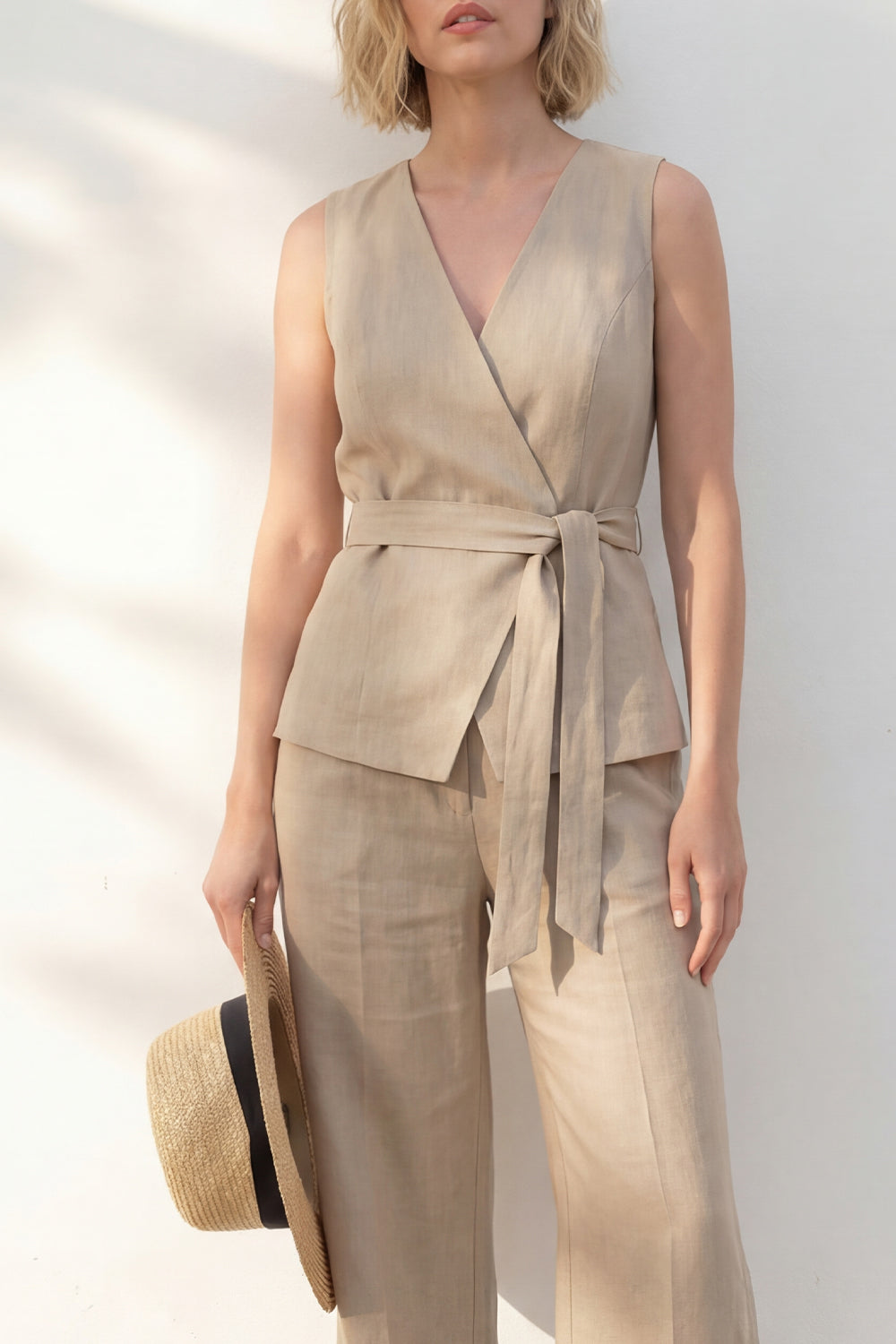 2 Piece Sleeveless Khaki Women's Linen Suits with Sash