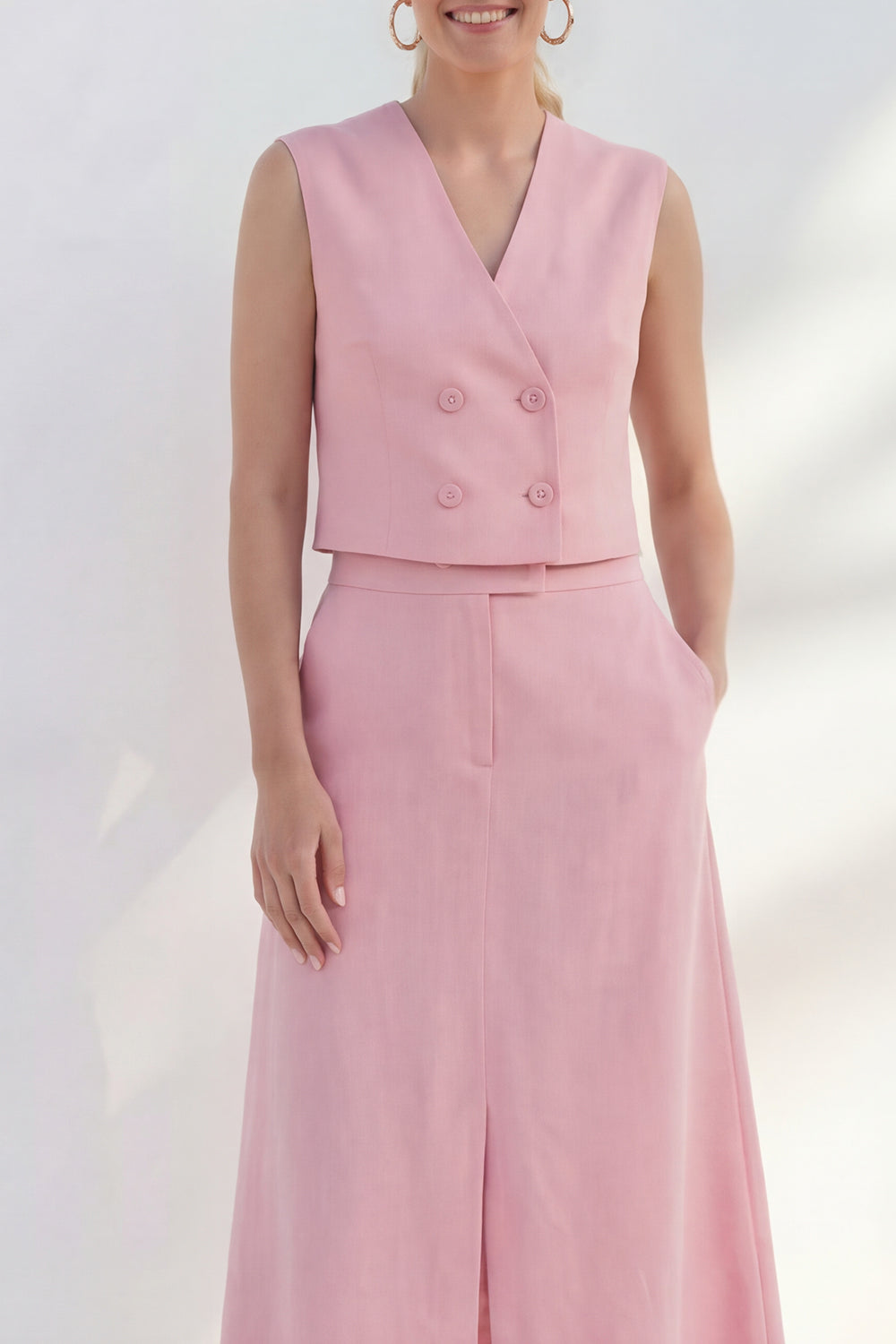Pink 2 Piece A Line Midi Work Dress with Slit