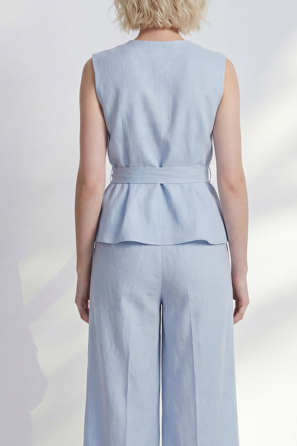 Light Blue 2 Piece Ruffled Women's Linen Suits with Sash