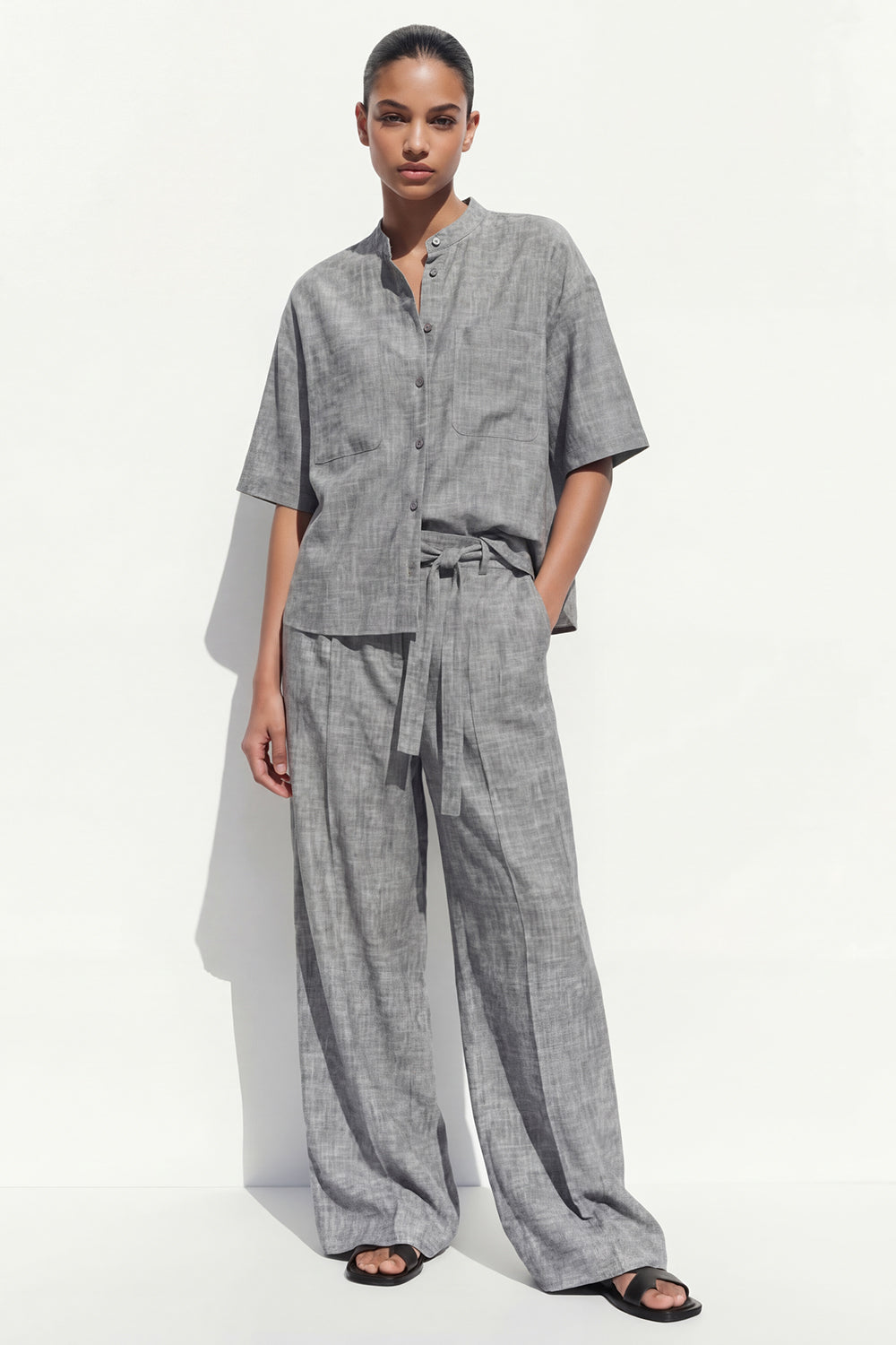 Grey 2 Piece Women's Linen Suits with Half Sleeves