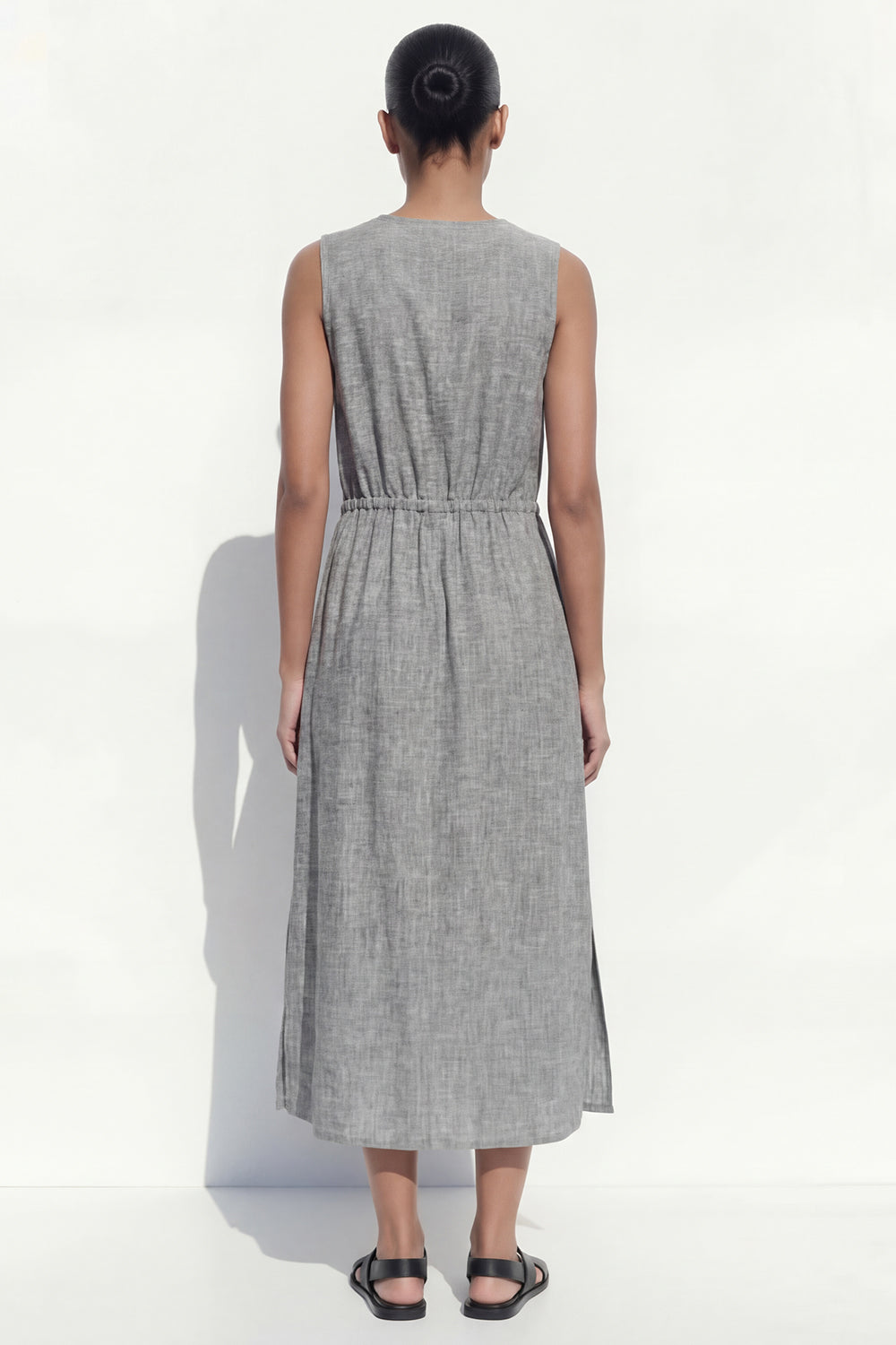 Grey A Line Sleeveless Midi Work Dress with Slit