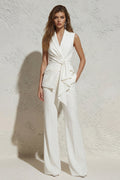 Notched Lapel White Sleeveless Women Suits with Sash
