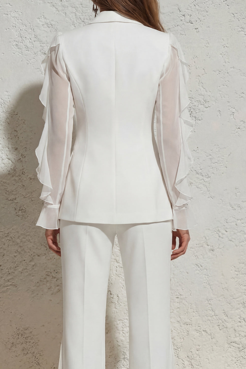 Ruffled Notched Lapel 2 Piece White Women Suits with Pockets