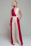 V Neck ColorBlock Light Khaki Women's Jumpsuits