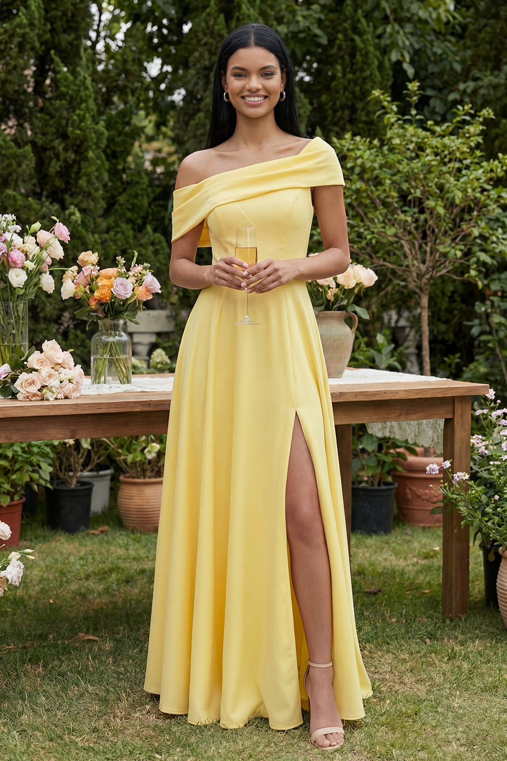 Asymmetrical Neck Yellow A Line Maxi Dress with Slit