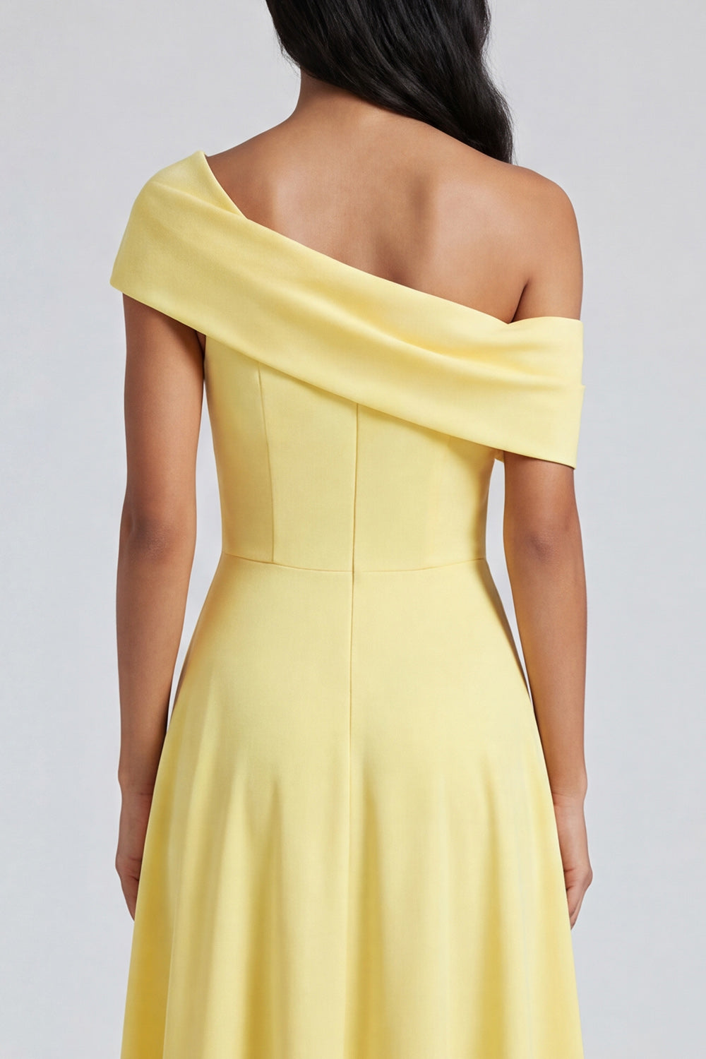 Asymmetrical Neck Yellow A Line Maxi Dress with Slit