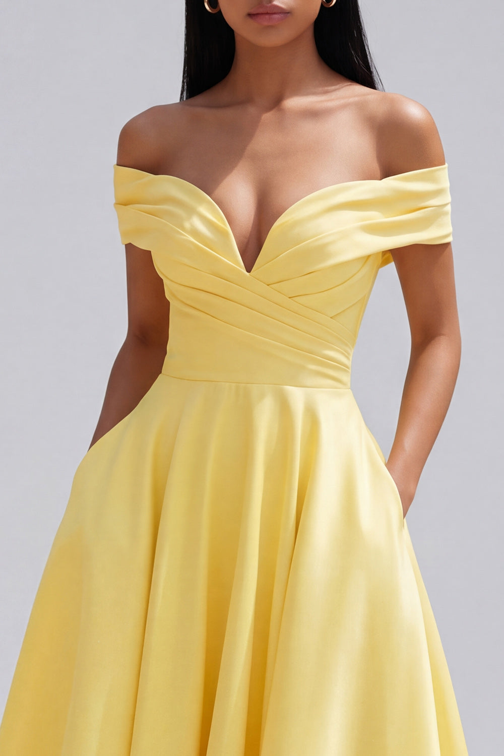 Off the Shoulder Ruched Satin Yellow A Line Maxi Dress