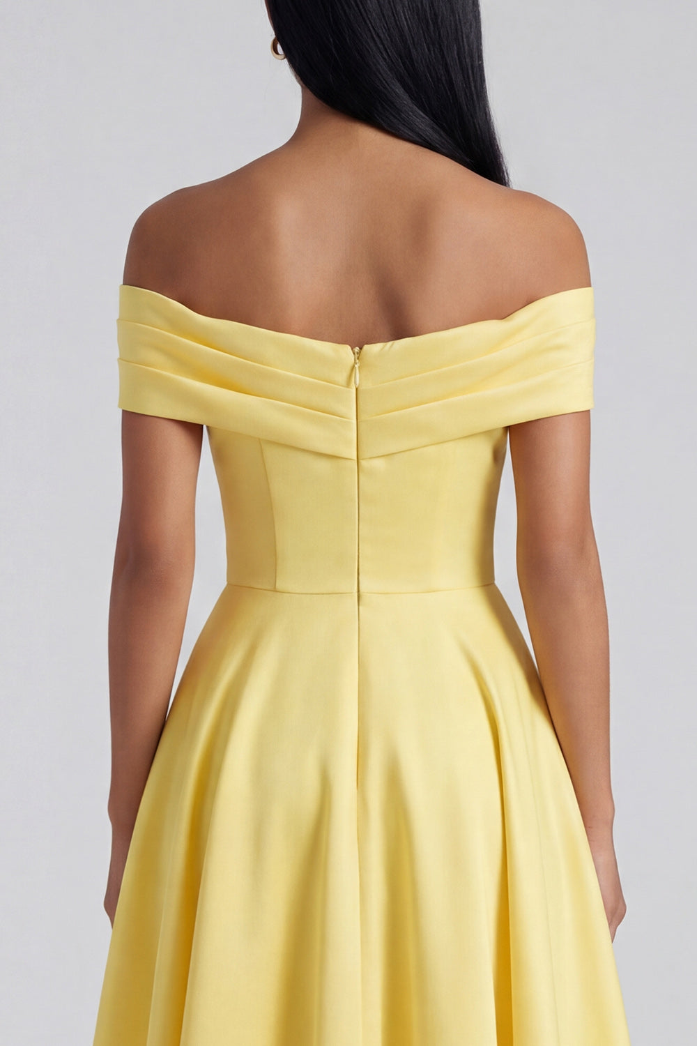Off the Shoulder Ruched Satin Yellow A Line Maxi Dress