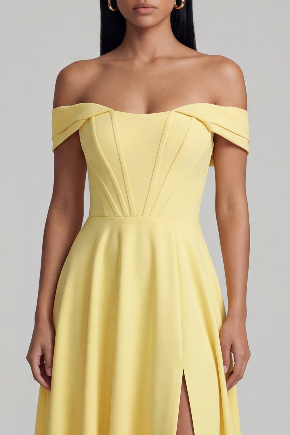 Off the Shoulder Corset A Line Satin Yellow Maxi Dress