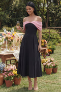 Colorblock Off the Shoulder A Line Black Wedding Guest Dress
