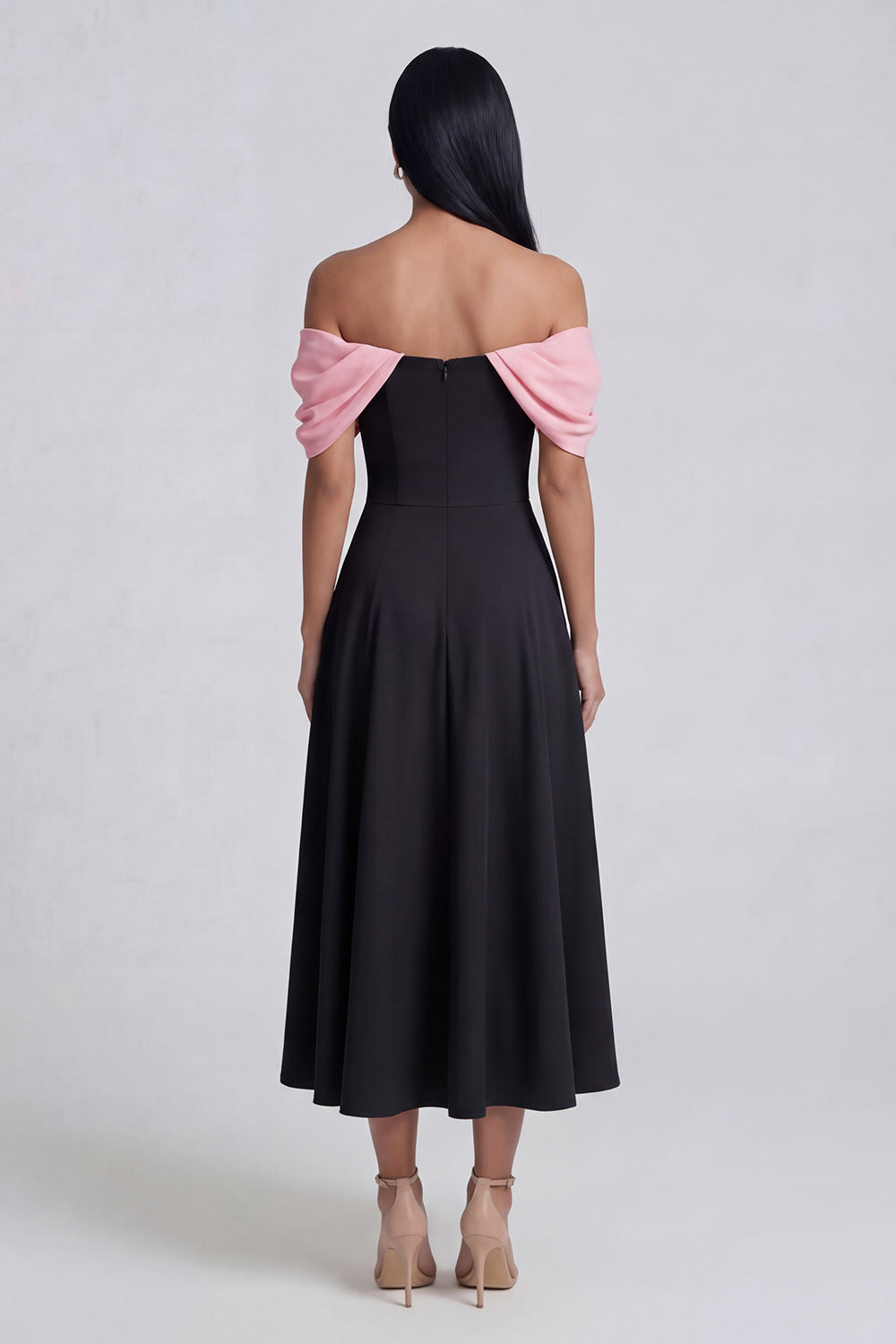 Colorblock Off the Shoulder A Line Black Wedding Guest Dress