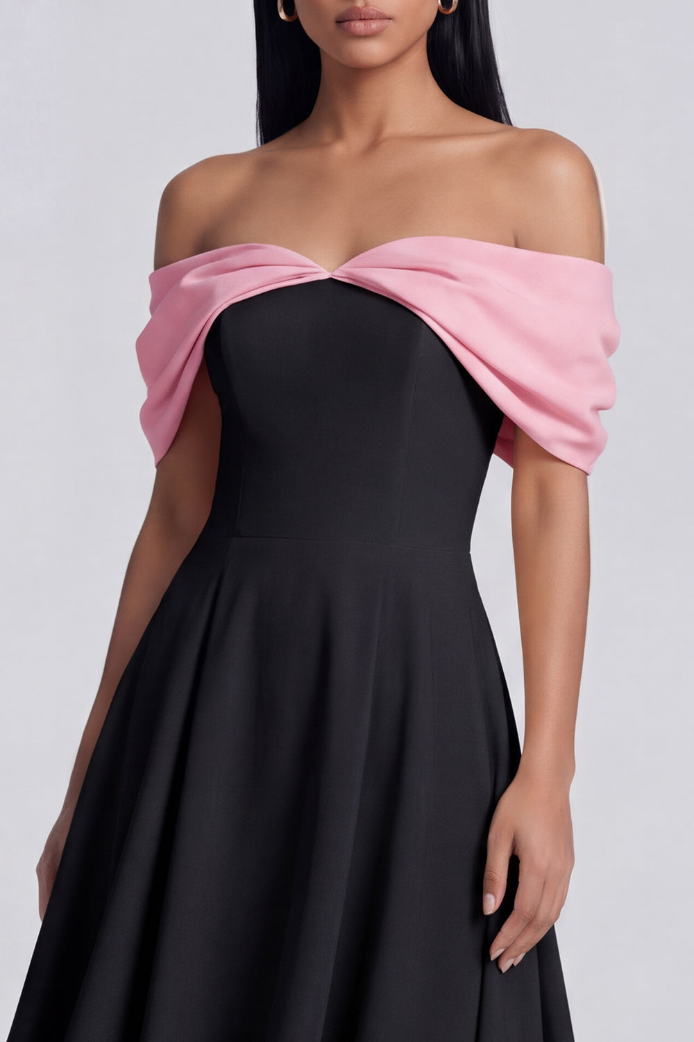 Colorblock Off the Shoulder A Line Black Wedding Guest Dress