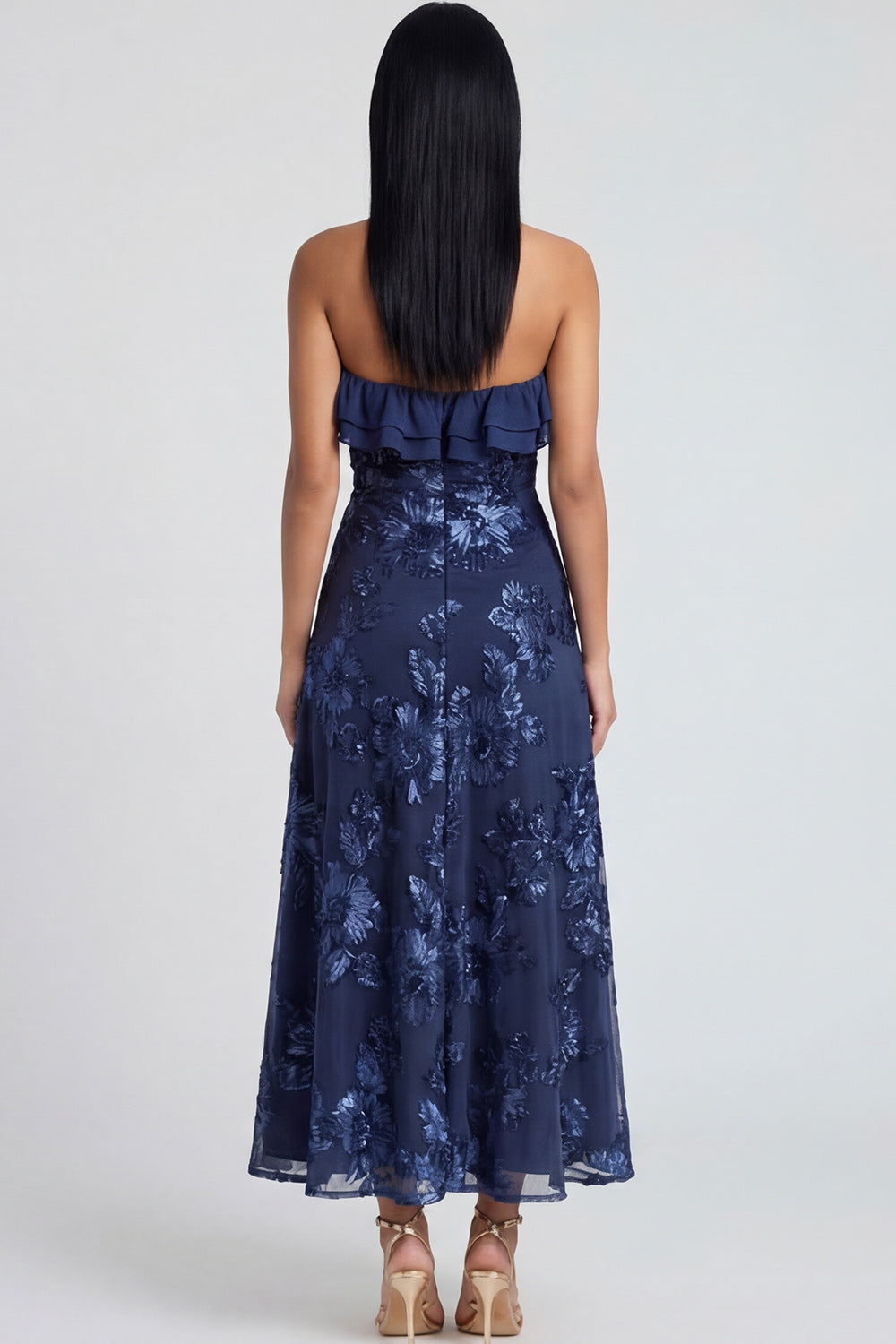 Strapless Ruffled A Line Floral Appliqued Yellow Wedding Guest Dress