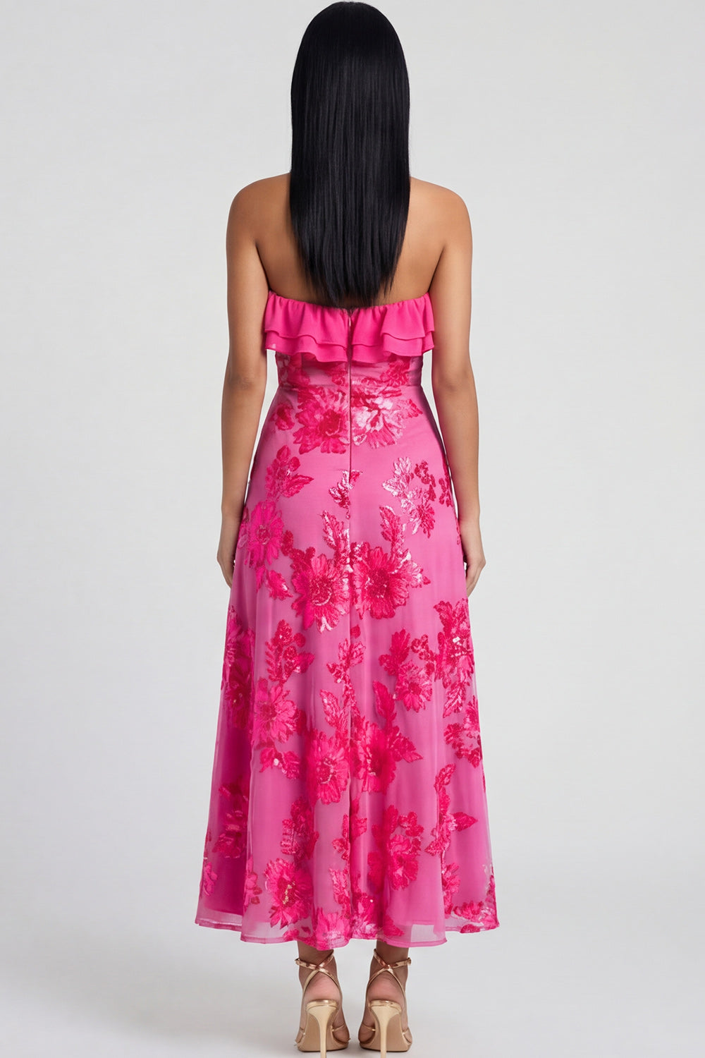 Strapless Ruffled A Line Floral Appliqued Yellow Wedding Guest Dress