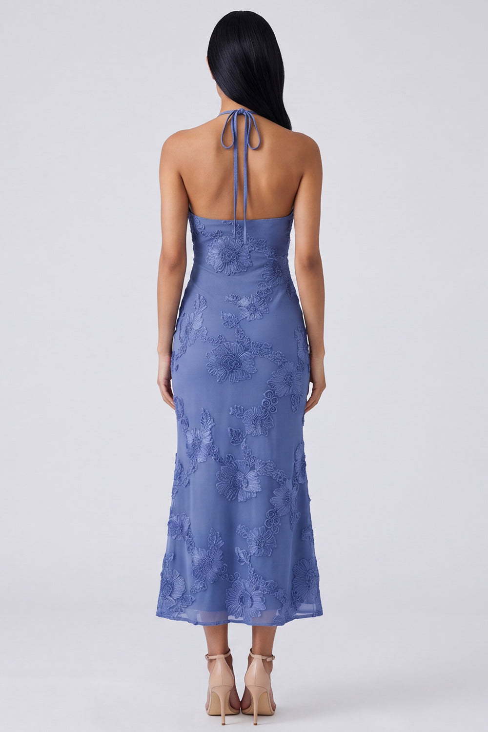 Blue Halter Cut Out Mermaid Floral Appliqued Wedding Guest Dress