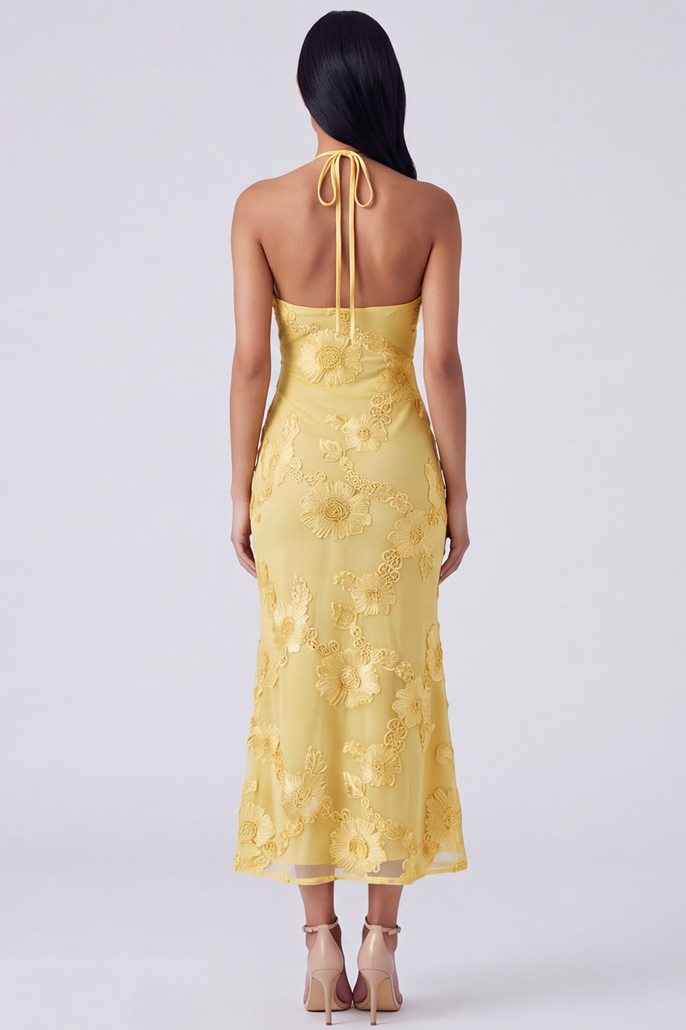 Blue Halter Cut Out Mermaid Floral Appliqued Wedding Guest Dress