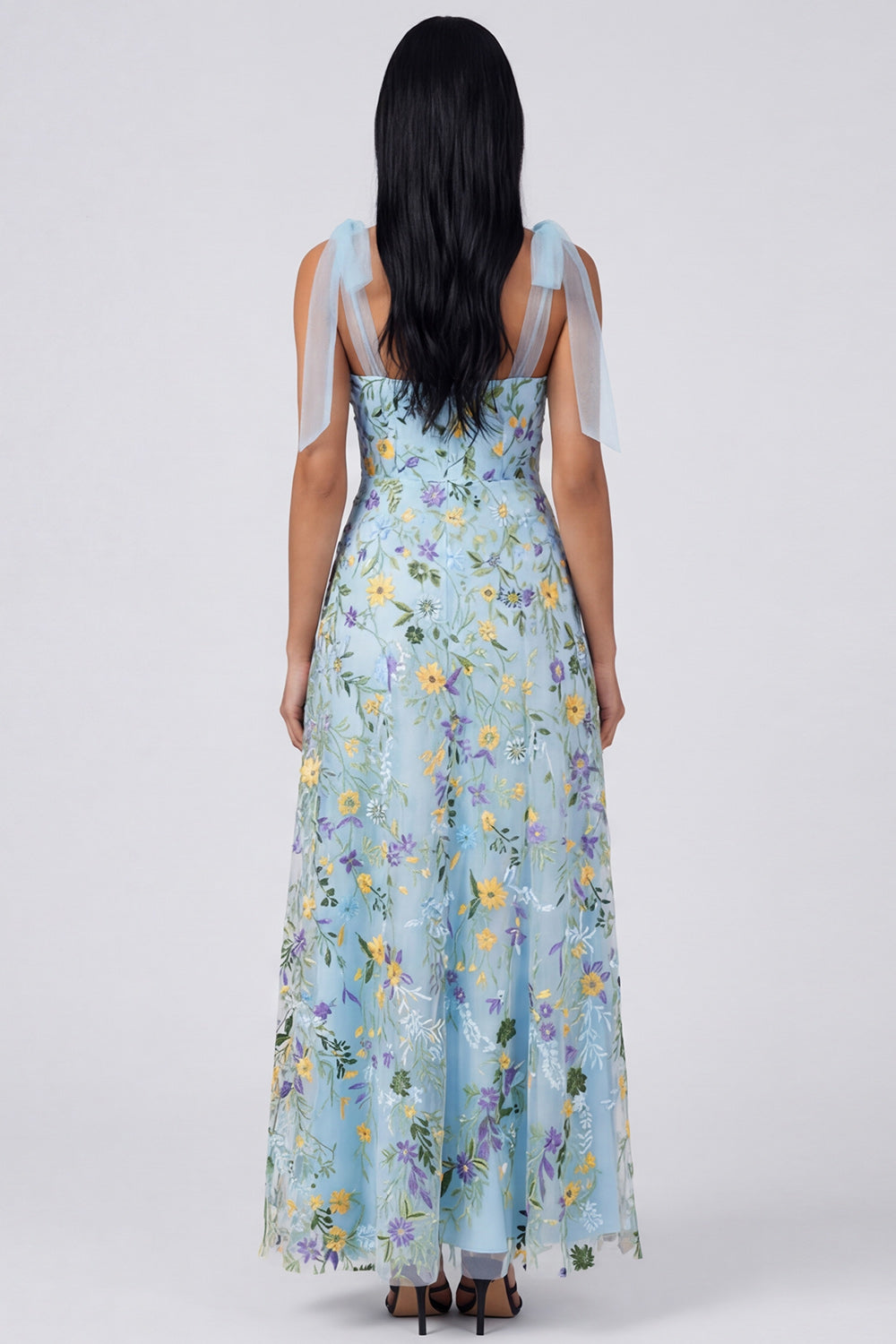 Blue Floral A Line Corset Embroidered Bowed Wedding Guest Dress