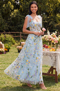 Blue Floral A Line Corset Embroidered Bowed Wedding Guest Dress