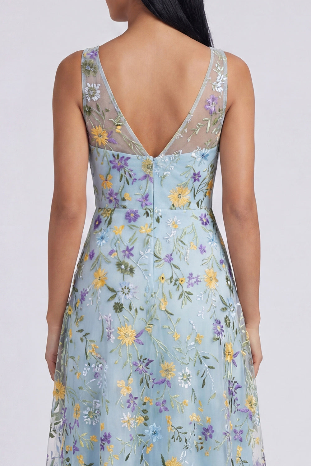 Floral Blue Embroidered A Line V Neck Wedding Guest Dress