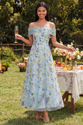 Off the Shoulder Floral Blue A Line Embroidered Wedding Guest Dress